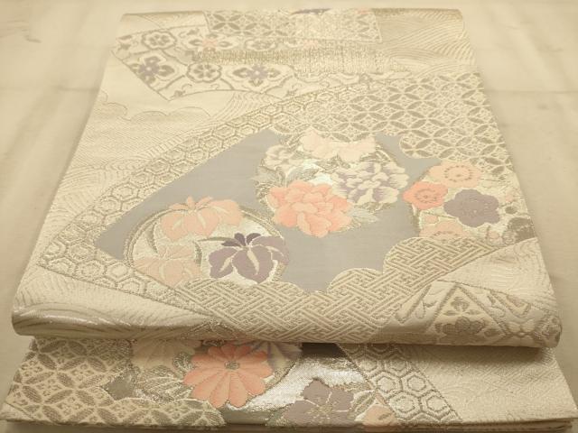 平和屋着物◎六通柄袋帯 唐織 地紙重ね花文 プラチナ箔二重織 正絹 逸品 AABB1596dt