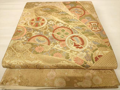 平和屋着物◎六通柄袋帯 熨斗花文 金糸 正絹 逸品 AABB1599dt