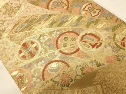 平和屋着物◎六通柄袋帯 熨斗花文 金糸 正絹 逸品 AABB1599dt