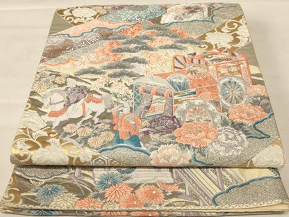 平和屋着物◎六通柄袋帯 唐織 御所車花文 プラチナ箔 正絹 逸品 AABB1604dt