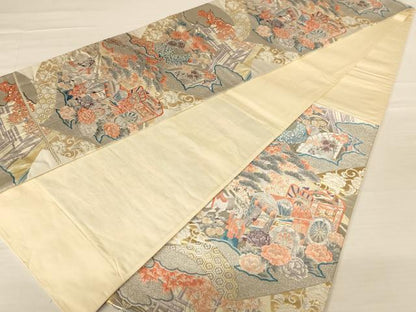 平和屋着物◎六通柄袋帯 唐織 御所車花文 プラチナ箔 正絹 逸品 AABB1604dt