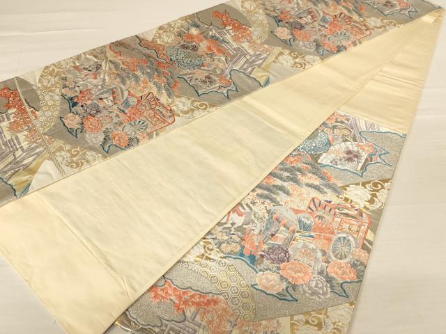 平和屋着物◎六通柄袋帯 唐織 御所車花文 プラチナ箔 正絹 逸品 AABB1604dt