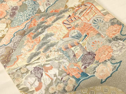 平和屋着物◎六通柄袋帯 唐織 御所車花文 プラチナ箔 正絹 逸品 AABB1604dt
