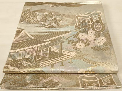 平和屋着物◎西陣 服部織物謹製 六通柄袋帯 風景文 こはく錦 二重箔織手工 正絹 逸品 AABB1616dt