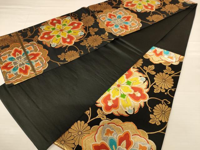 平和屋着物◎六通柄袋帯 唐織 正倉院花文 黒地 金銀糸 正絹 逸品 AABB1619dt