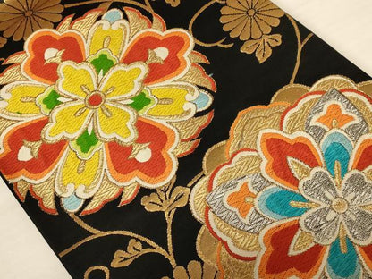 平和屋着物◎六通柄袋帯 唐織 正倉院花文 黒地 金銀糸 正絹 逸品 AABB1619dt