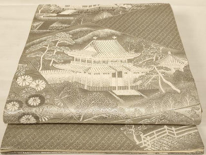 平和屋着物◎六通柄袋帯 唐織 風景文 銀糸 正絹 逸品 AABB1624dt