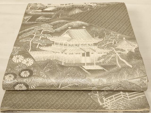 平和屋着物◎六通柄袋帯 唐織 風景文 銀糸 正絹 逸品 AABB1624dt