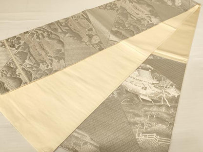 平和屋着物◎六通柄袋帯 唐織 風景文 銀糸 正絹 逸品 AABB1624dt