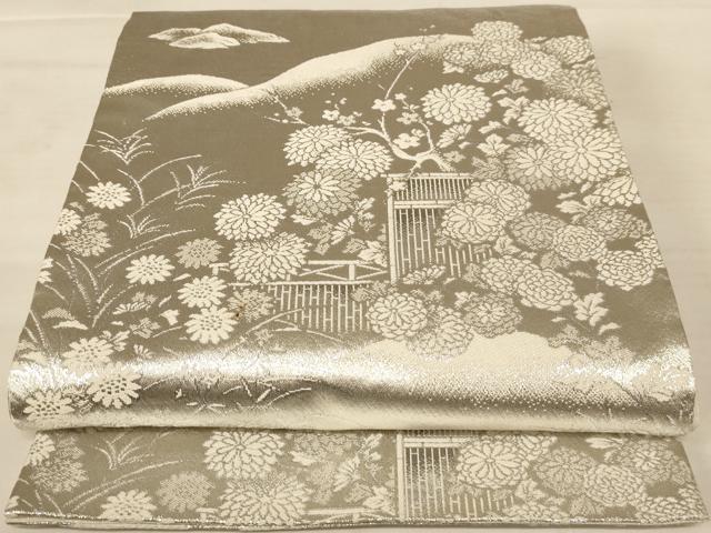 平和屋着物◎六通柄袋帯 風景文 プラチナ銀箔二重織 正絹 逸品 AABB1627dt