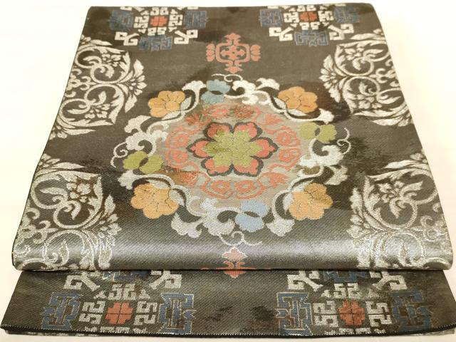 平和屋着物◎六通柄袋帯 更紗花文 銀糸 正絹 逸品 AABB1637dt