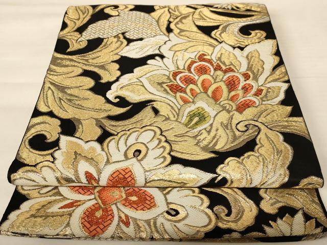 平和屋着物◎六通柄袋帯 唐織 更紗花文 黒地 金糸 正絹 逸品 AABB1641dt