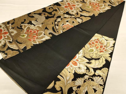 平和屋着物◎六通柄袋帯 唐織 更紗花文 黒地 金糸 正絹 逸品 AABB1641dt