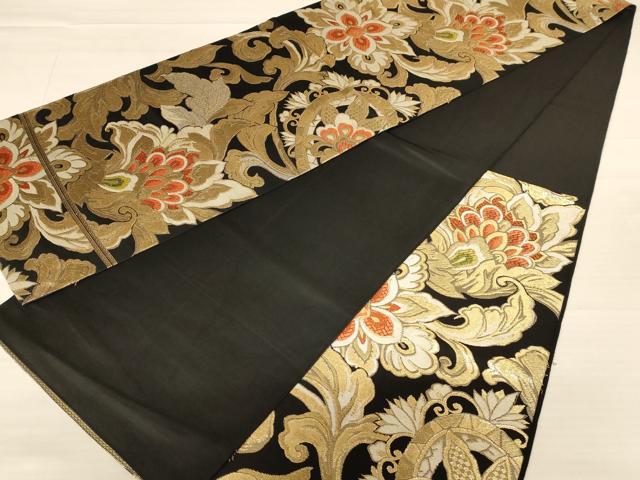 平和屋着物◎六通柄袋帯 唐織 更紗花文 黒地 金糸 正絹 逸品 AABB1641dt
