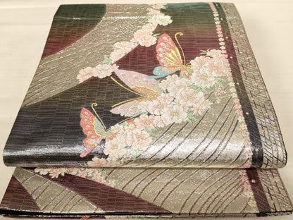平和屋着物◎九百佐賀錦 六通柄袋帯 花蝶文 金銀糸 正絹 逸品 AABB1649dt
