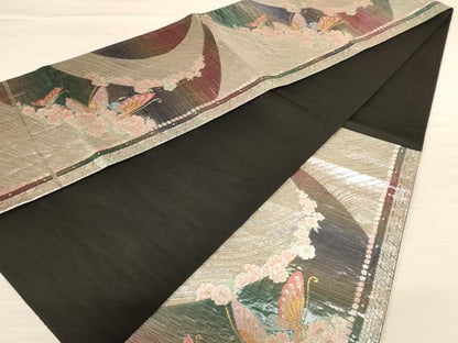 平和屋着物◎九百佐賀錦 六通柄袋帯 花蝶文 金銀糸 正絹 逸品 AABB1649dt