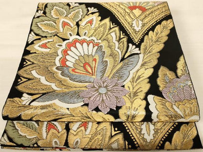 平和屋着物◎六通柄袋帯 更紗花文 黒地 金糸 正絹 逸品 AABB1650dt