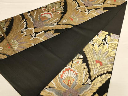 平和屋着物◎六通柄袋帯 更紗花文 黒地 金糸 正絹 逸品 AABB1650dt