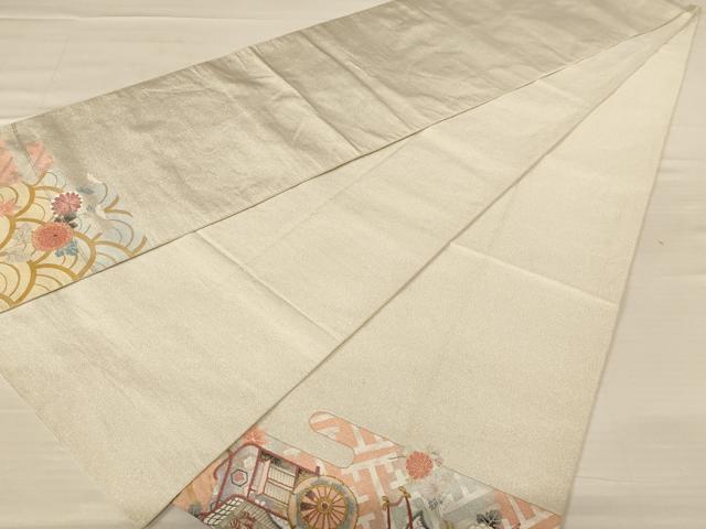 平和屋着物◎綴れ　太鼓柄袋帯　中国三大刺繍　相良刺繍　御所車花文　金糸　銀通し地　正絹　逸品　AABB1659dt