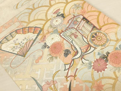 平和屋着物◎綴れ　太鼓柄袋帯　中国三大刺繍　相良刺繍　御所車花文　金糸　銀通し地　正絹　逸品　AABB1659dt