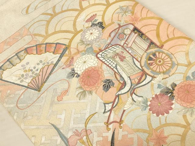 平和屋着物◎綴れ　太鼓柄袋帯　中国三大刺繍　相良刺繍　御所車花文　金糸　銀通し地　正絹　逸品　AABB1659dt
