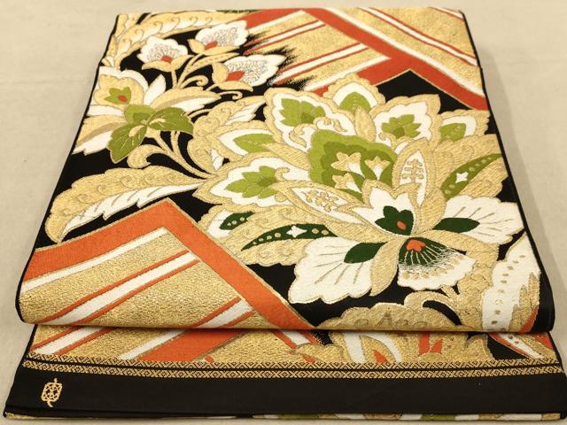 平和屋着物◎六通柄袋帯　更紗花文　黒地　金銀糸　正絹　逸品　AABB1664dt