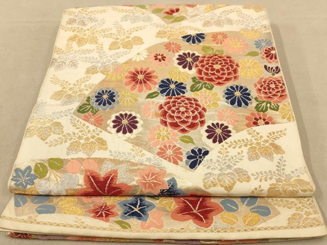 平和屋着物◎六通柄袋帯 唐織 扇面草花文 金銀糸 正絹 逸品 AABB1666dt