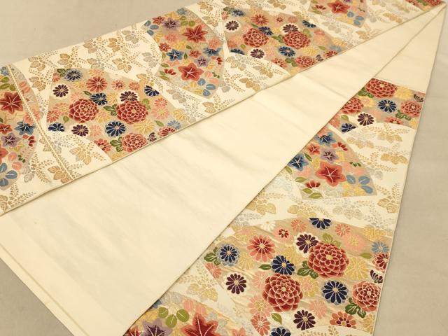 平和屋着物◎六通柄袋帯 唐織 扇面草花文 金銀糸 正絹 逸品 AABB1666dt