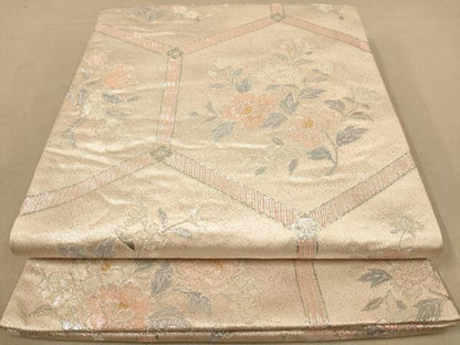 平和屋着物◎六通柄袋帯　亀甲花文　銀糸　やまとオリジナル　正絹　逸品　AABB1674dt
