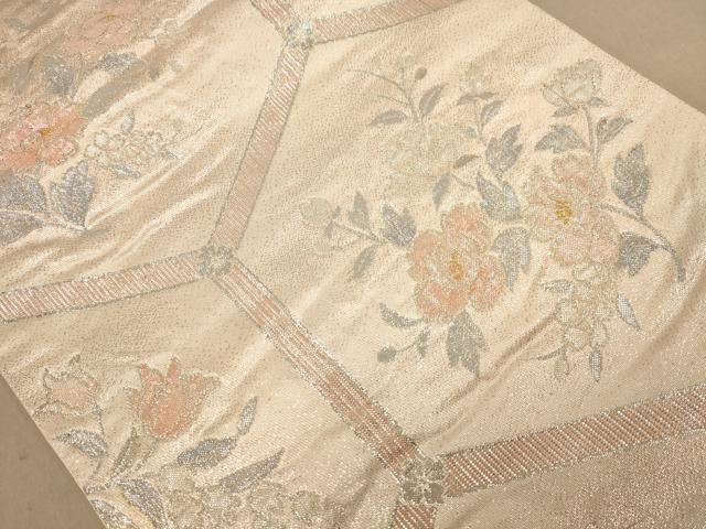 平和屋着物◎六通柄袋帯　亀甲花文　銀糸　やまとオリジナル　正絹　逸品　AABB1674dt