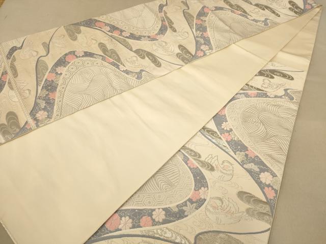 平和屋着物◎六通柄袋帯　流水鴛鴦花文　彩錦　プラチナ箔　正絹　逸品　AABB1676dt