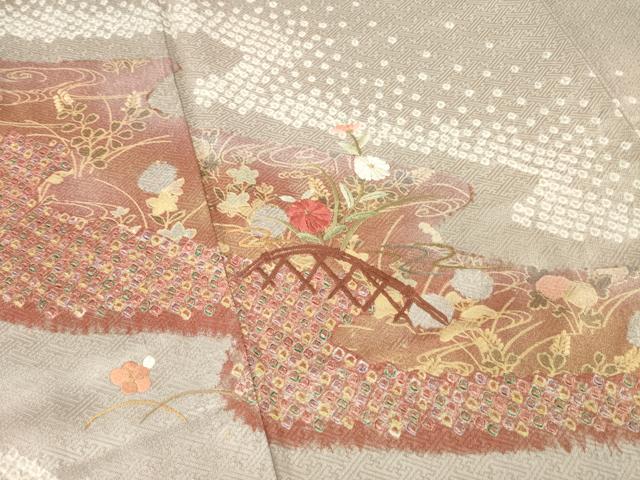 平和屋着物●訪問着 絞り 刺繍 流水花籬文 金彩 正絹 逸品 未使用 AABB2014ck