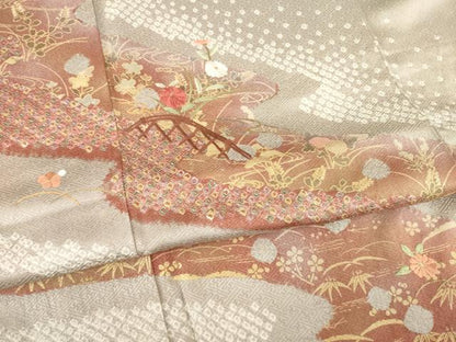 平和屋着物●訪問着 絞り 刺繍 流水花籬文 金彩 正絹 逸品 未使用 AABB2014ck