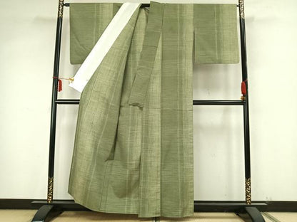 平和屋着物▽上質な紬 単衣 縞 反端付き 正絹 逸品 AABB2045fy