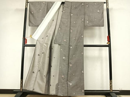 平和屋着物▽お召 単衣 草花文 正絹 逸品 AABB2048fy