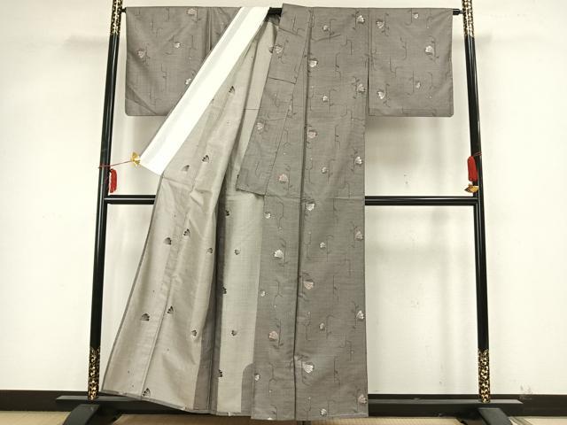 平和屋着物▽お召 単衣 草花文 正絹 逸品 AABB2048fy