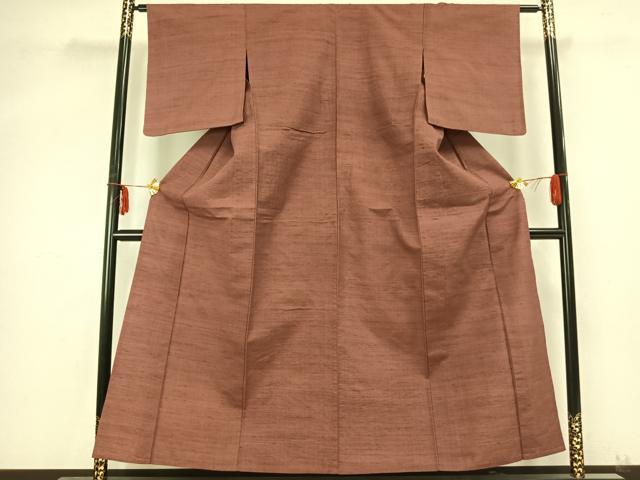 平和屋着物▽上質な紬　単衣　色無地　蘇芳香色　正絹　逸品　AABB2050fy