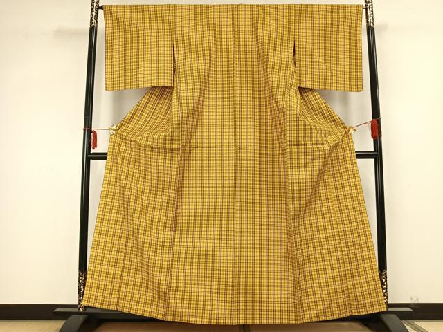 平和屋着物▽上質な紬 単衣 格子 正絹 逸品 未使用 AABB2055fy