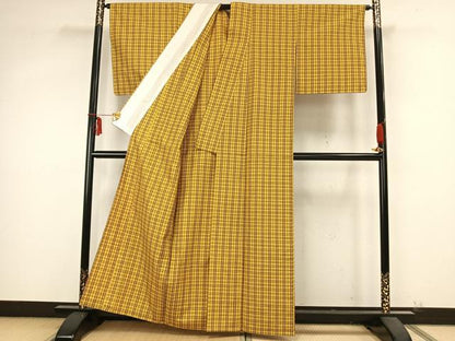 平和屋着物▽上質な紬 単衣 格子 正絹 逸品 未使用 AABB2055fy
