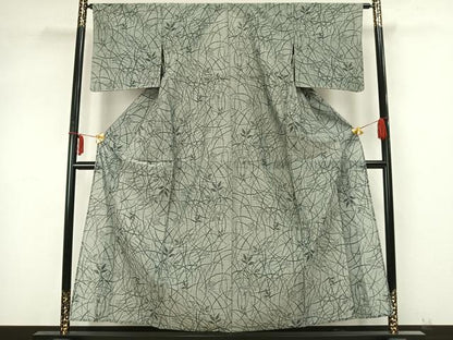 平和屋着物▽上質な紬 単衣 草葉文 正絹 逸品 AABB2057fy