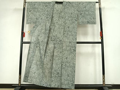 平和屋着物▽上質な紬 単衣 草葉文 正絹 逸品 AABB2057fy
