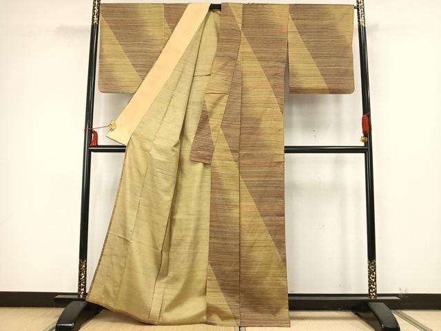 平和屋着物▽上質な紬 単衣 横縞 正絹 逸品 AABB2078fy