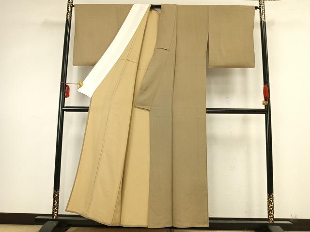 平和屋着物▽江戸小紋 単衣 万筋 国防色×桑染色 丹後ちりめん 反端付き 正絹 逸品 AABB2079fy