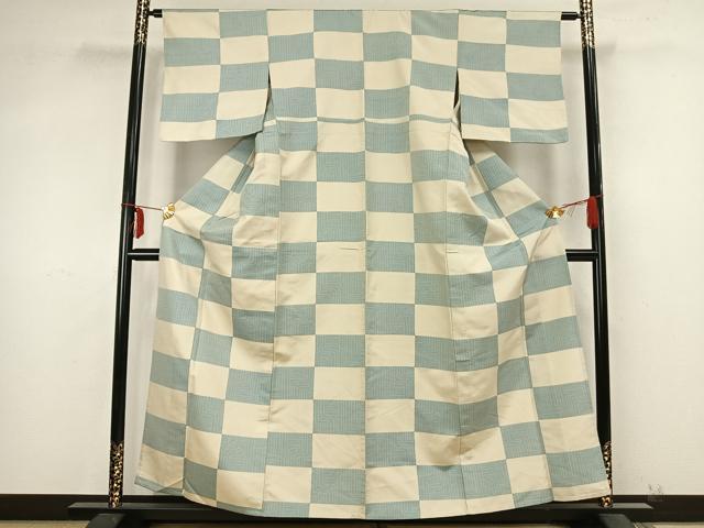 平和屋着物▽上質な紬 単衣 市松文様 正絹 逸品 AABB2083fy