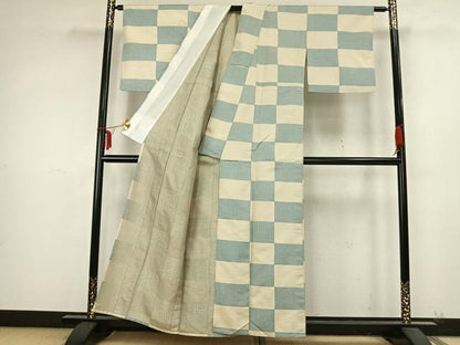 平和屋着物▽上質な紬 単衣 市松文様 正絹 逸品 AABB2083fy