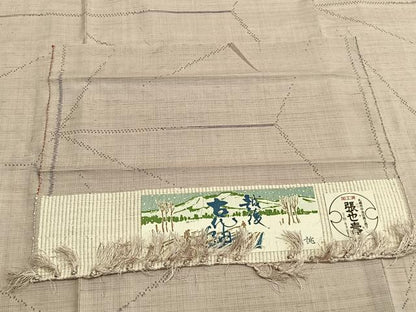 平和屋着物▽越後古代紬 単衣 抽象文様 反端付き 正絹 逸品 AABB2086fy