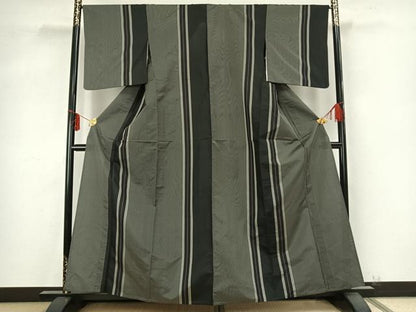 平和屋着物▽本場縞大島紬 単衣 縞 黒地 正絹 逸品 AABB2088fy