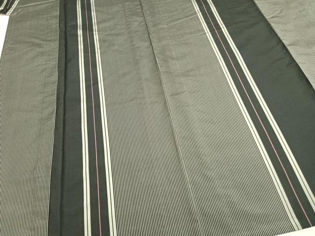 平和屋着物▽本場縞大島紬 単衣 縞 黒地 正絹 逸品 AABB2088fy