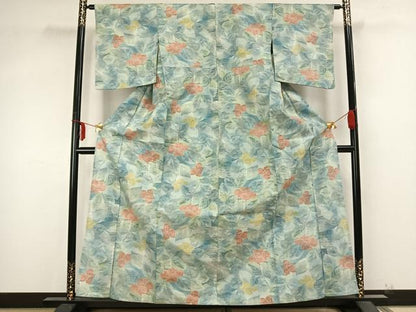平和屋着物▽上質な紬 単衣 草花文 正絹 逸品 AABB2091fy
