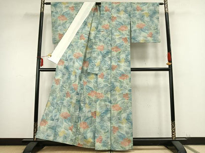 平和屋着物▽上質な紬 単衣 草花文 正絹 逸品 AABB2091fy